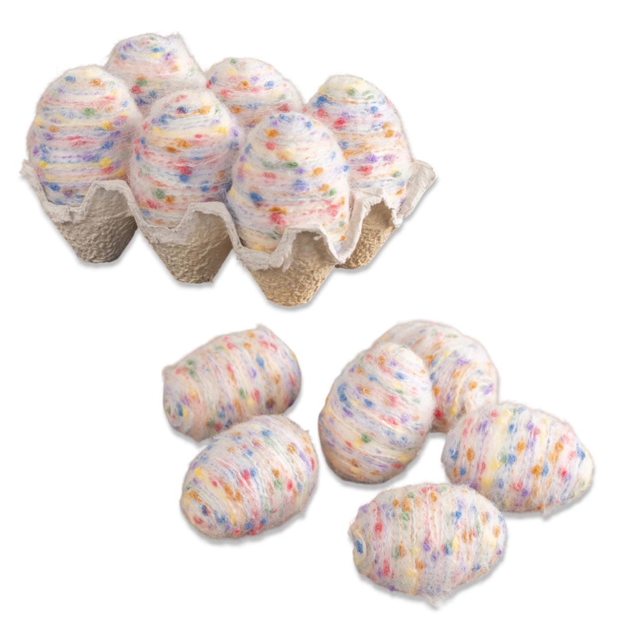 Set of 6 speckled cream yarn eggs in a paper carton