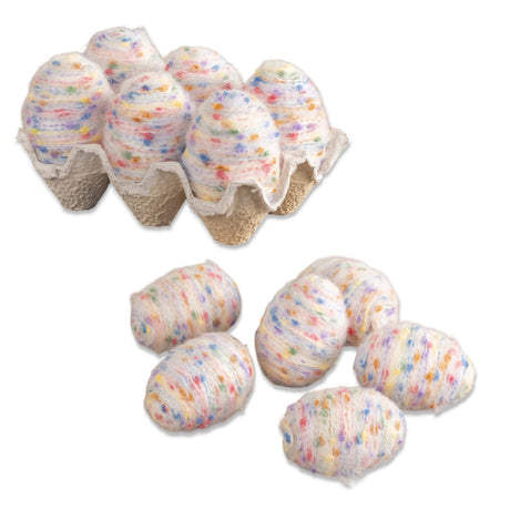 Set of 6 speckled cream yarn eggs in a paper carton