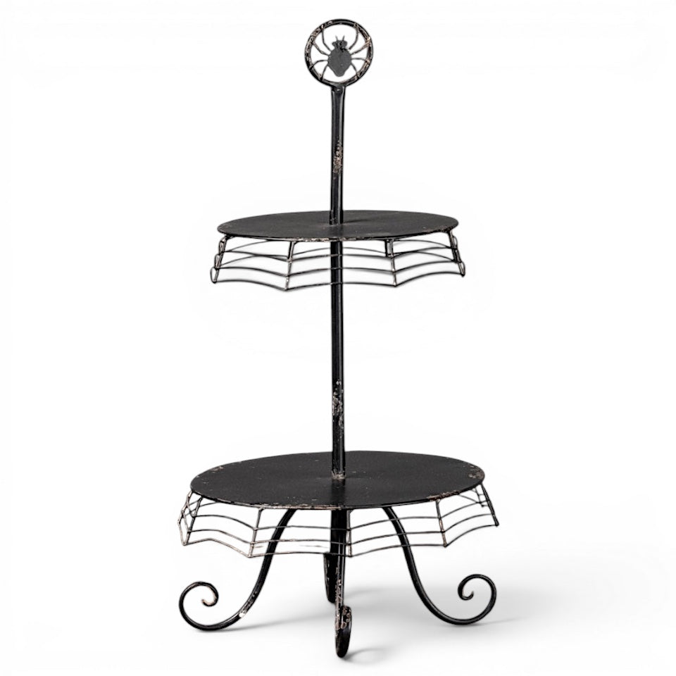 Black metal spider web two-tier Halloween display stand with decorative spider topper