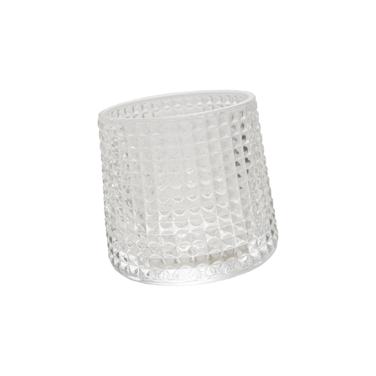 Embossed clear spinning whiskey glass with textured design