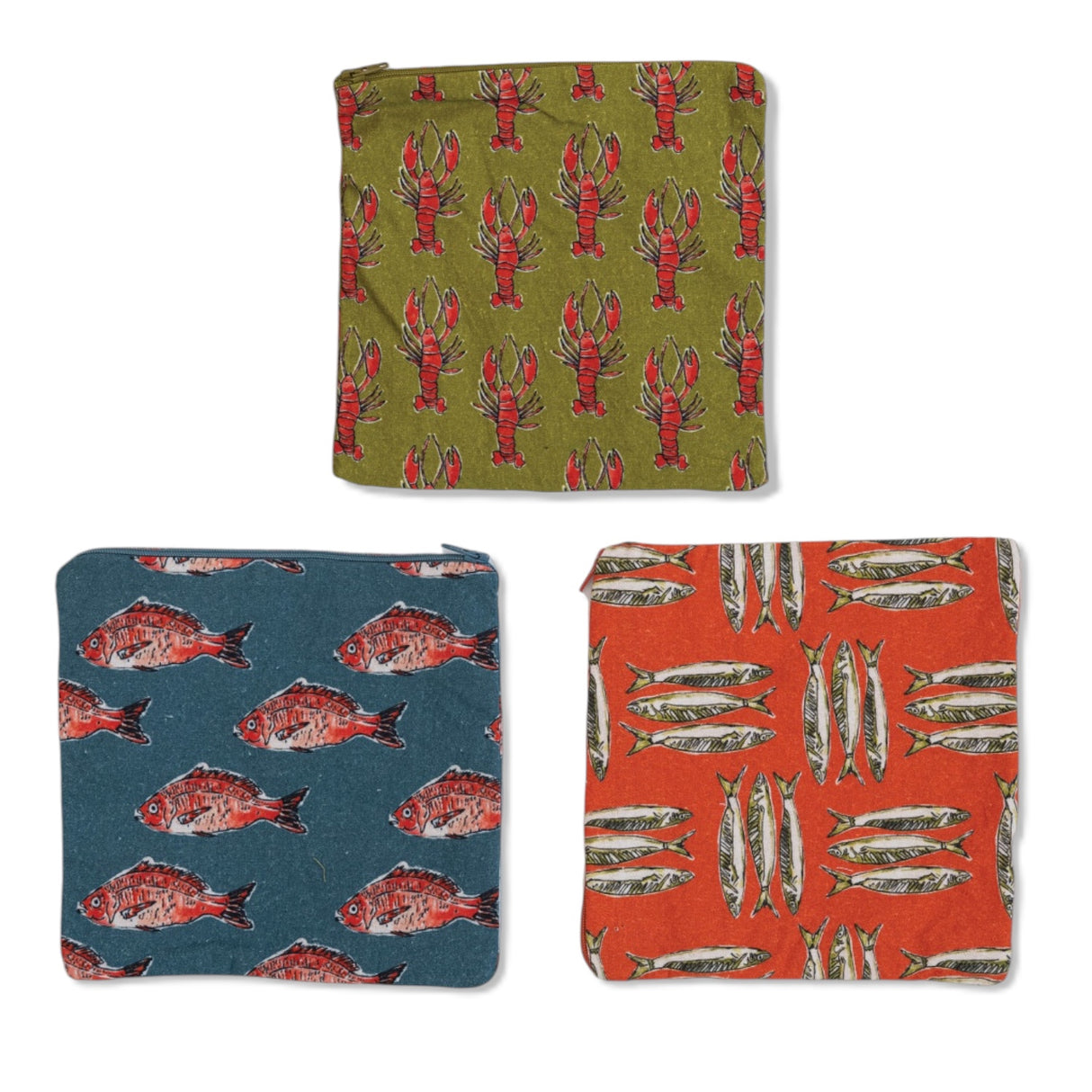square cotton zip food pouch sea life print reusable snack bag fish lobster pouch coated interior