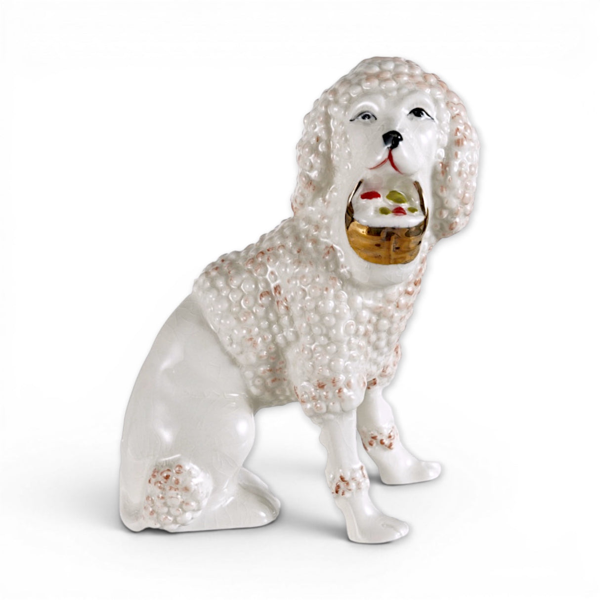 staffordshire style poodle figurine with gold basket detail for vintage home decor and shelf styling