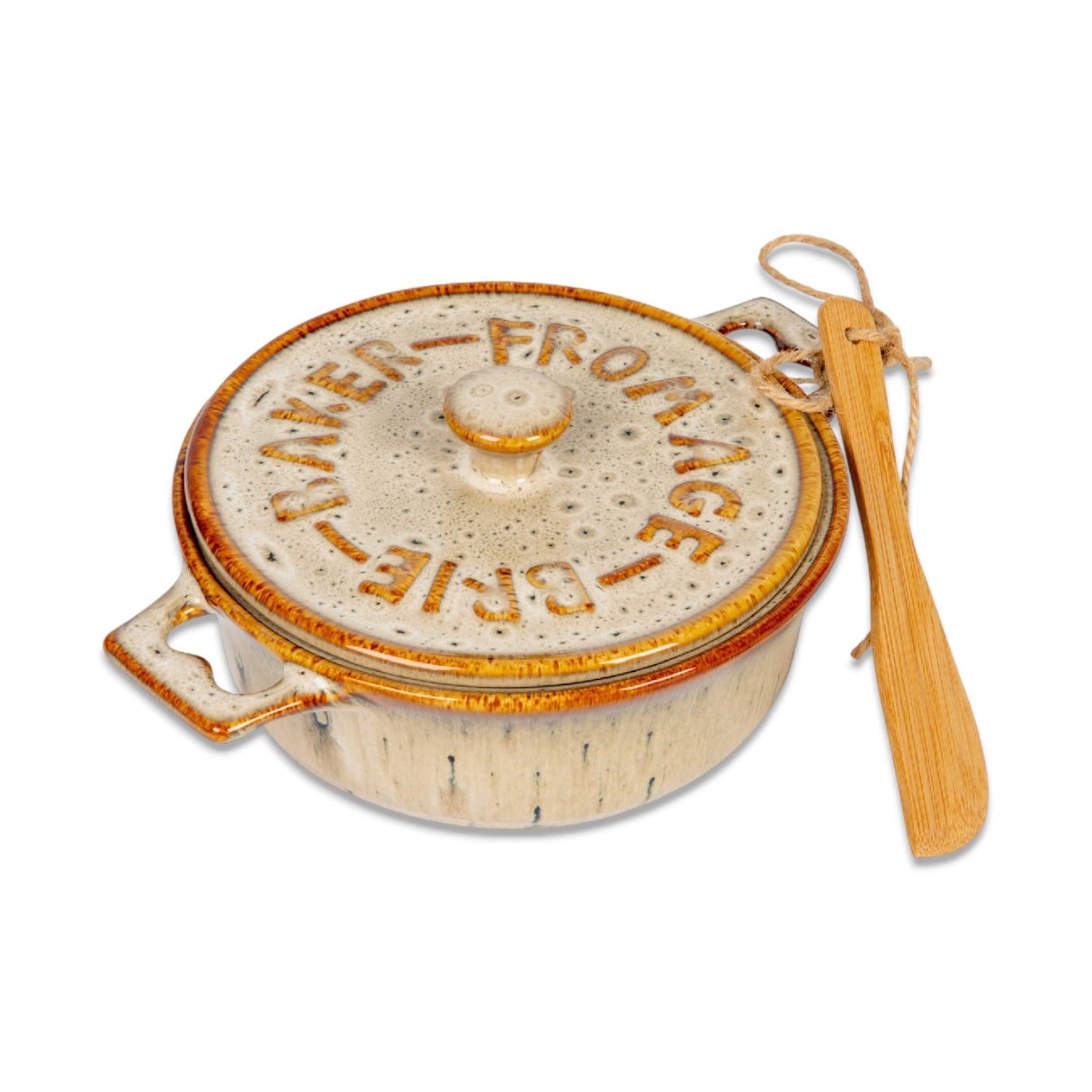 7 inch stoneware brie baker with lid and bamboo spreader in brown tan reactive glaze