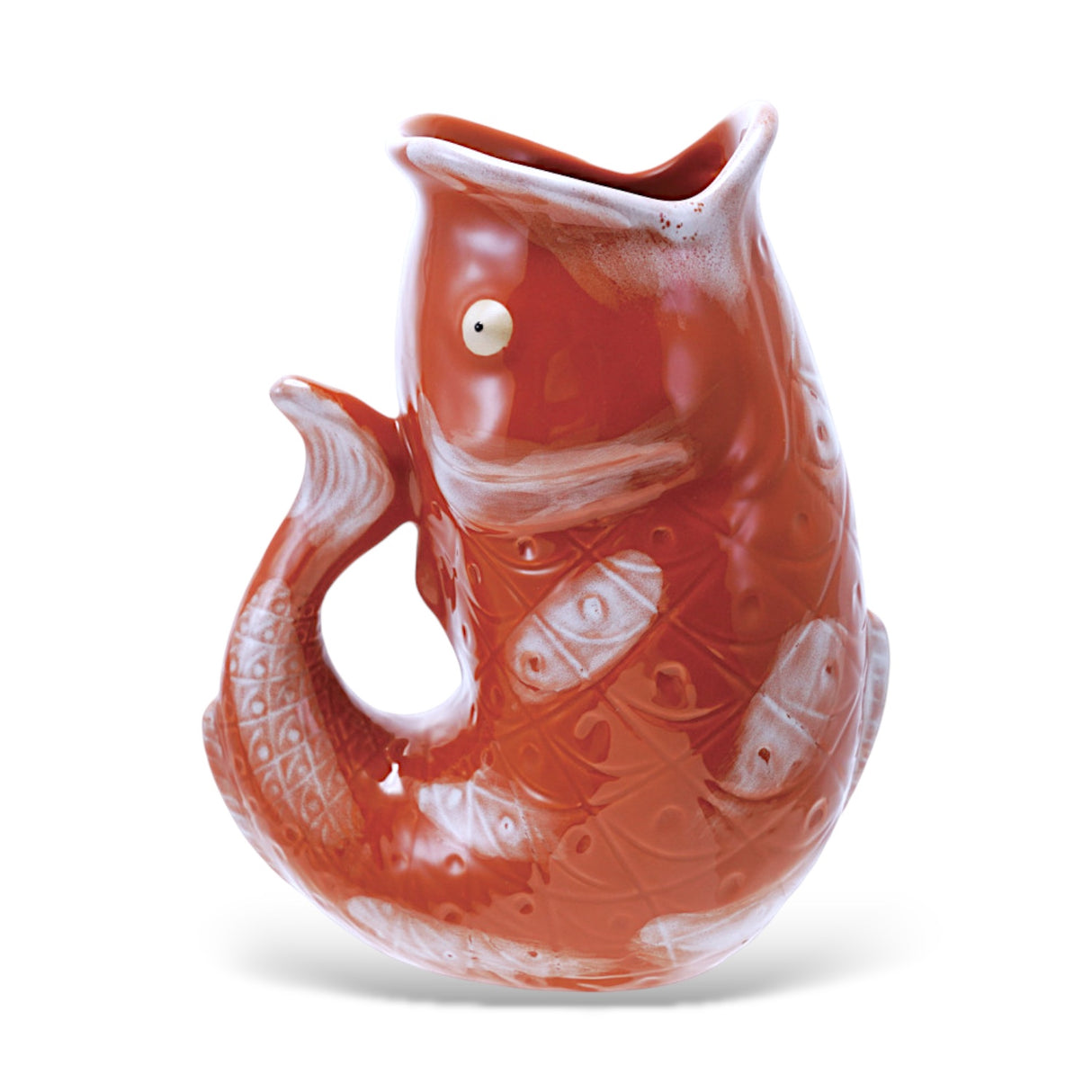 Orange and white reactive glaze stoneware fish shaped pitcher,