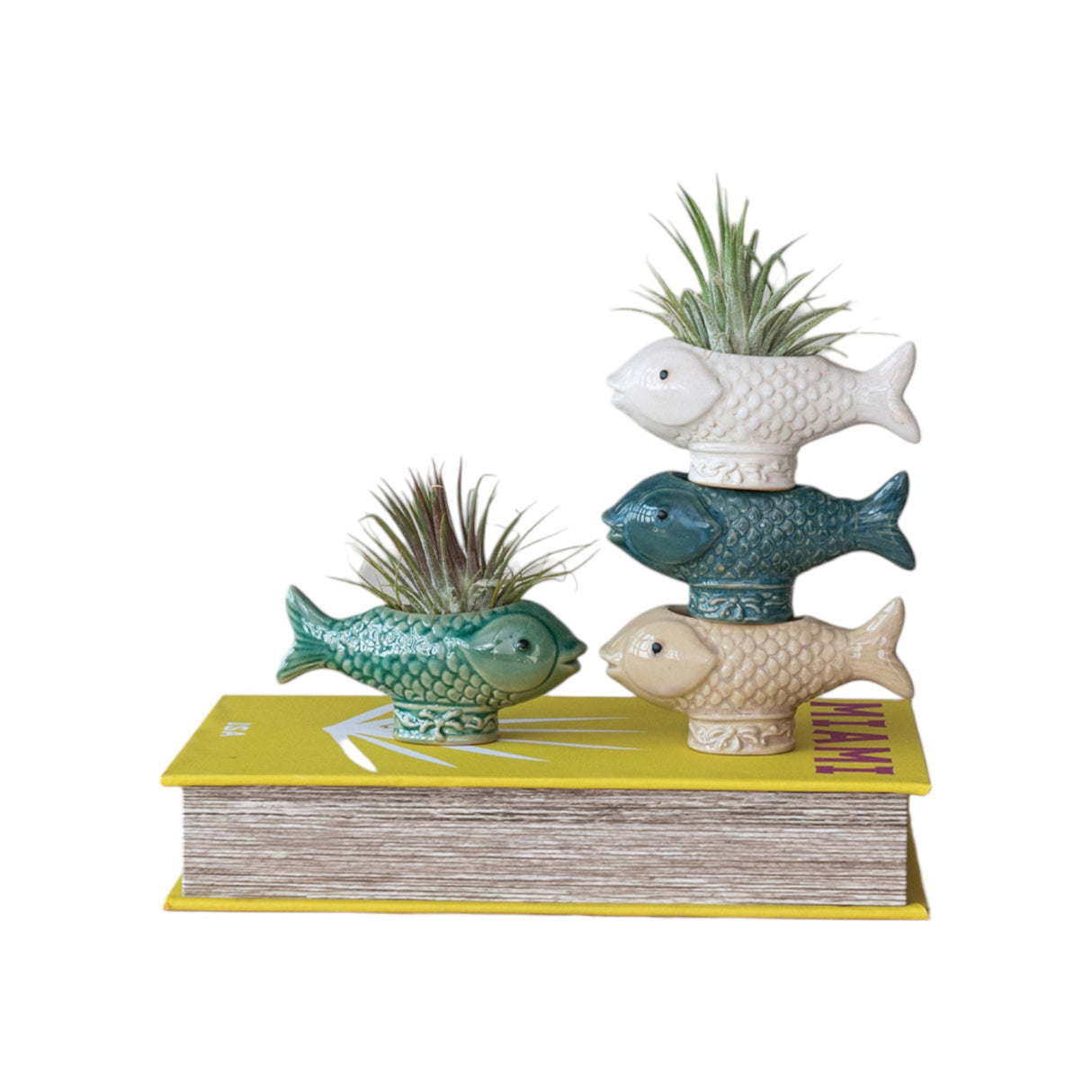 small stoneware fish-shaped toothpick holder or mini planter with reactive glaze