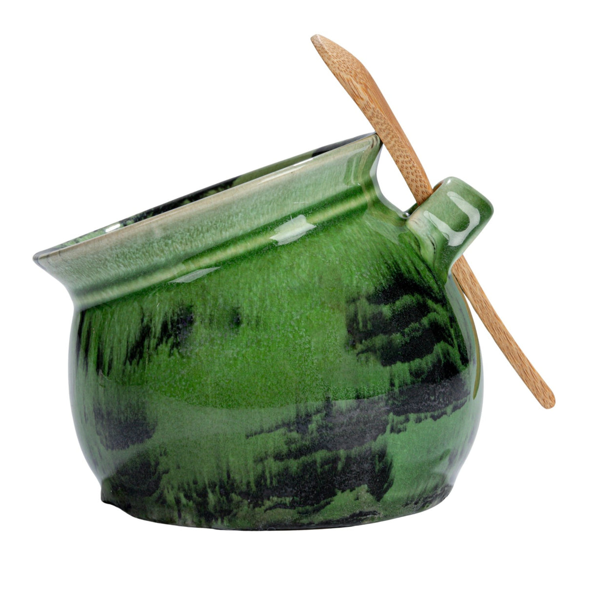 Green reactive glaze stoneware salt dish with an acacia wood spoon
