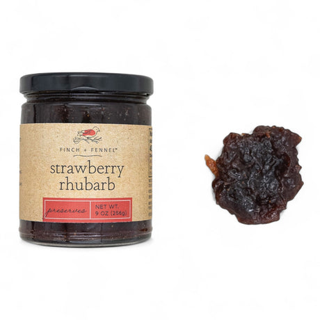 Jar of strawberry rhubarb preserves, 9 oz, sweet and tart fruit jam