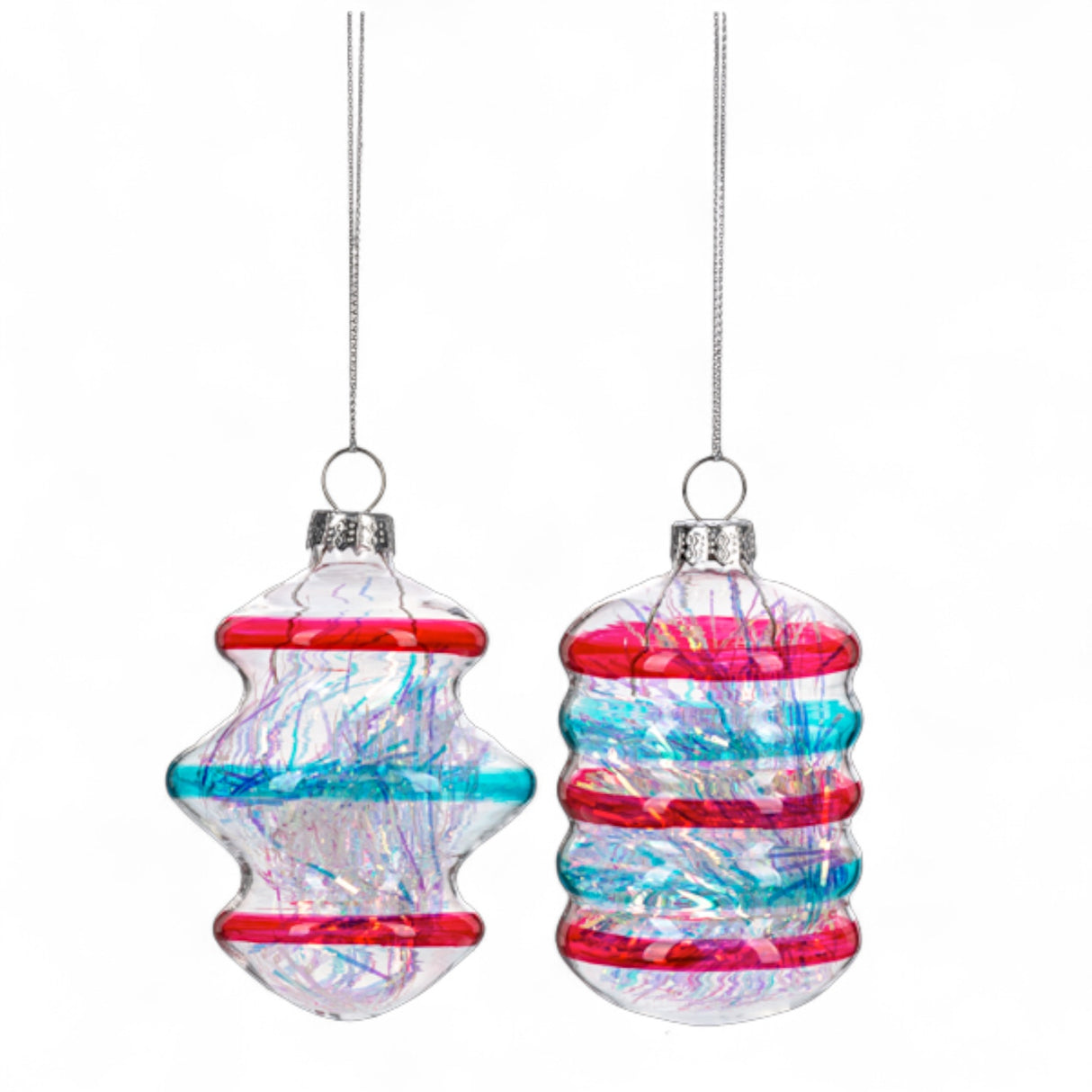 Striped glass drop ornament with red, turquoise, and iridescent accents