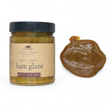 Jar of sugar and spice ham glaze with brown sugar, mustard seed, and hickory smoke, 10 oz