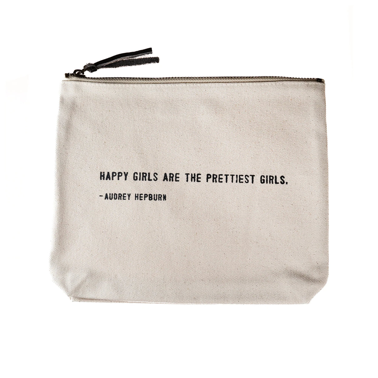 Sugarboo canvas zip pouch with Audrey Hepburn quote and leather zipper pull