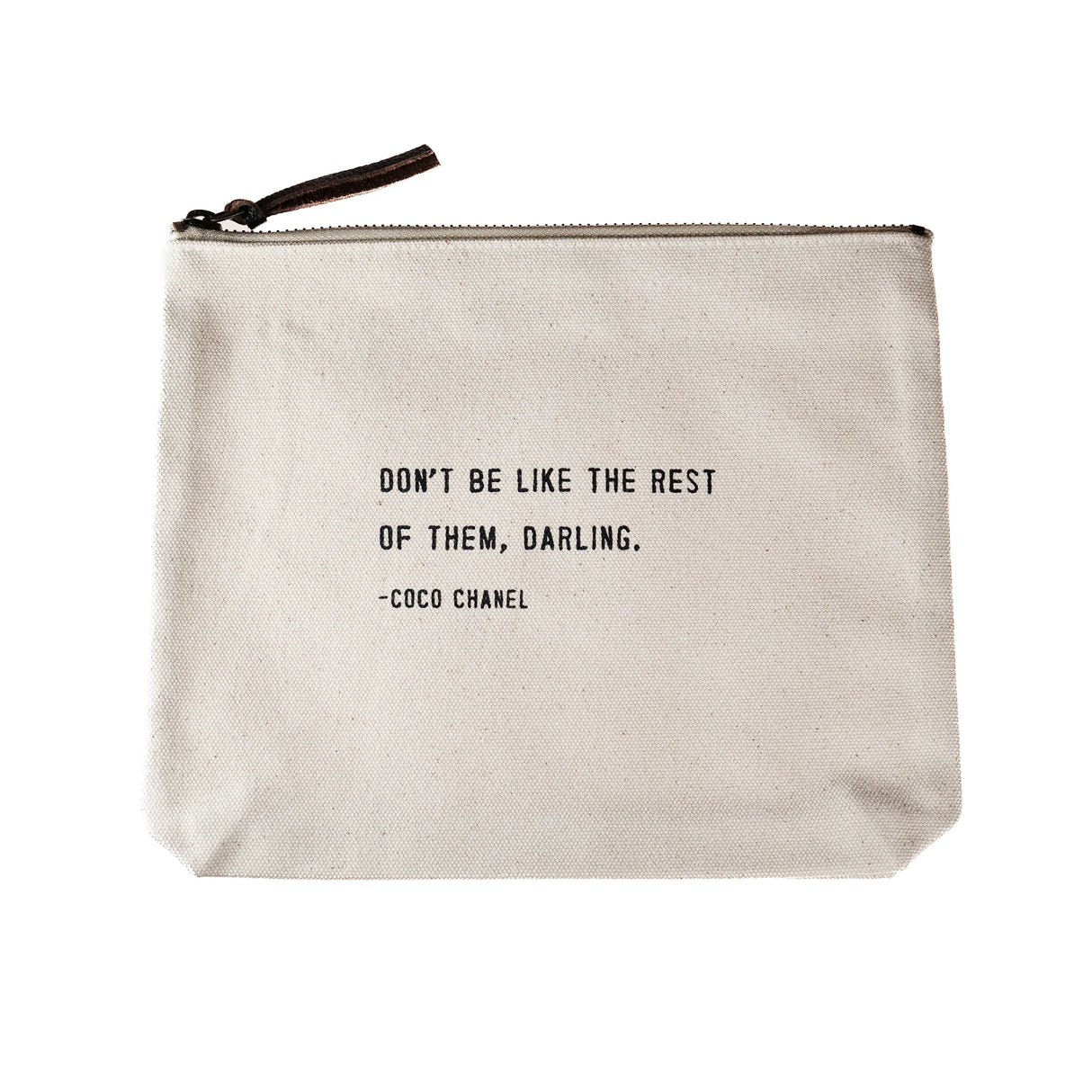 Sugarboo canvas zip pouch with Coco Chanel quote and leather zipper pull