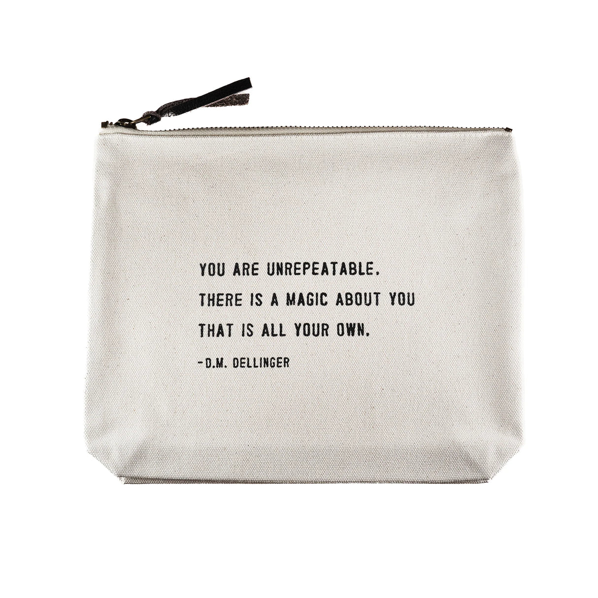 Sugarboo canvas zip pouch with D.M. Dellinger quote and leather zipper pull