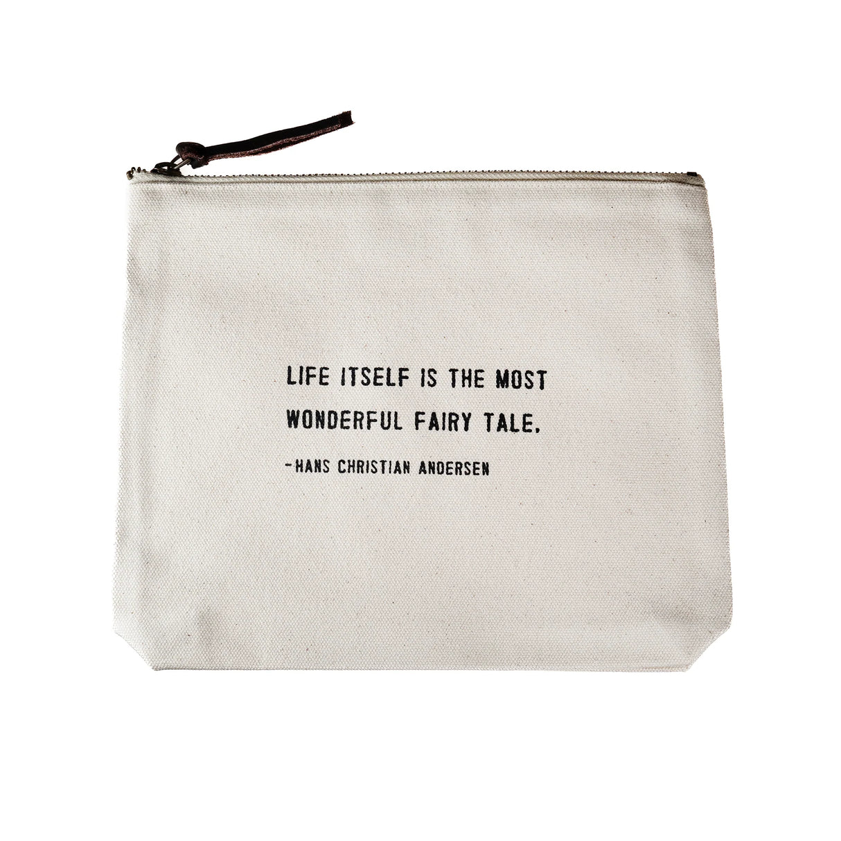 Sugarboo canvas zip pouch with Hans Christian Andersen quote and leather zipper pull