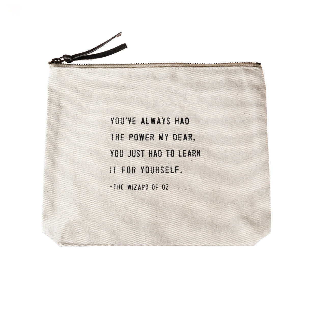 Sugarboo canvas zip pouch with The Wizard of Oz quote and leather zipper pull