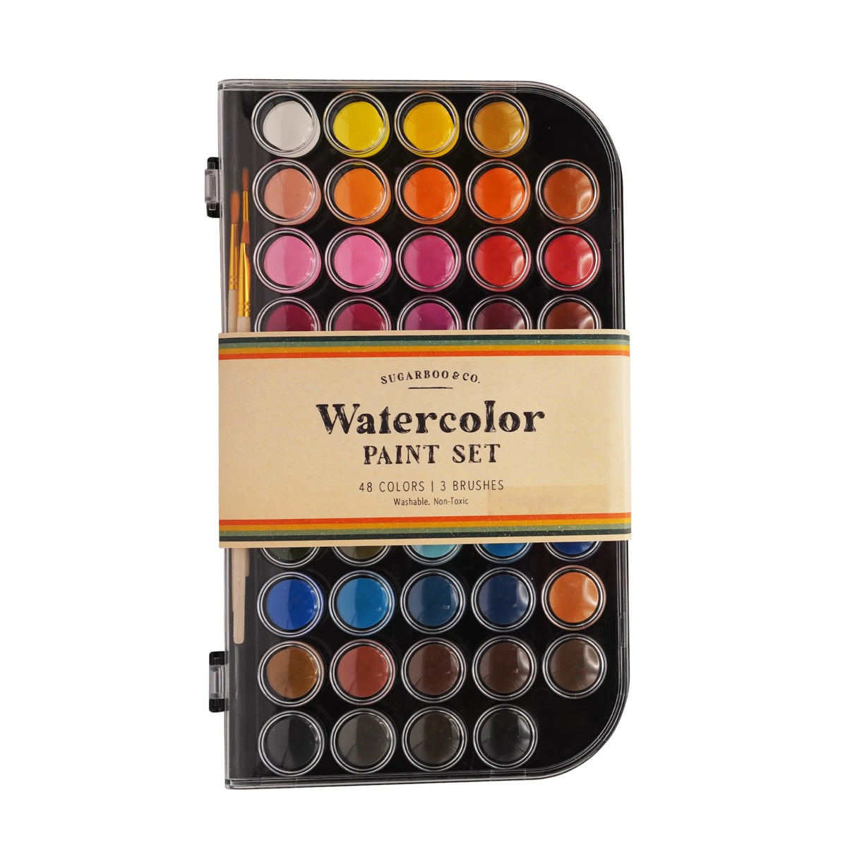 Sugarboo watercolor paint set with 48 colors and 3 brushes, washable and non-toxic