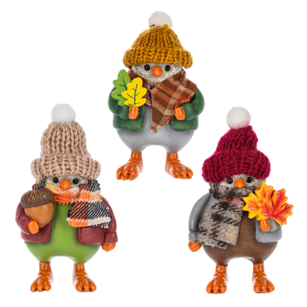 Three fall bird figurines in knit hats and scarves, each holding autumn accessories