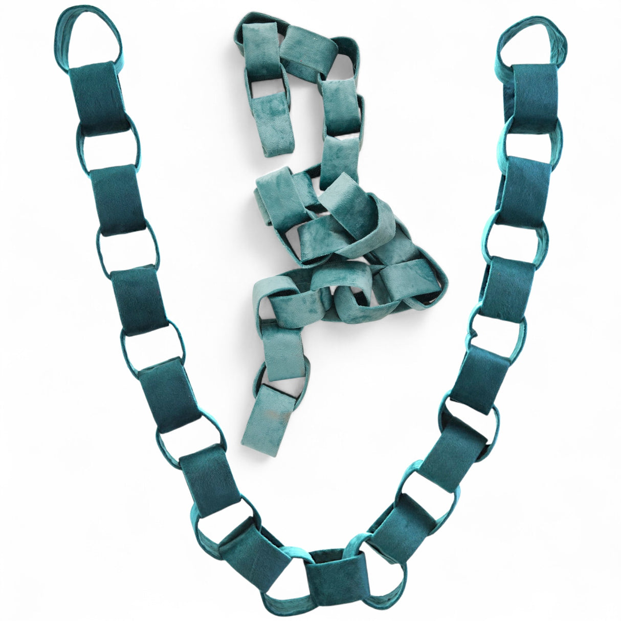 Teal velvet chain link garland, 72 inches long with soft interlocking links