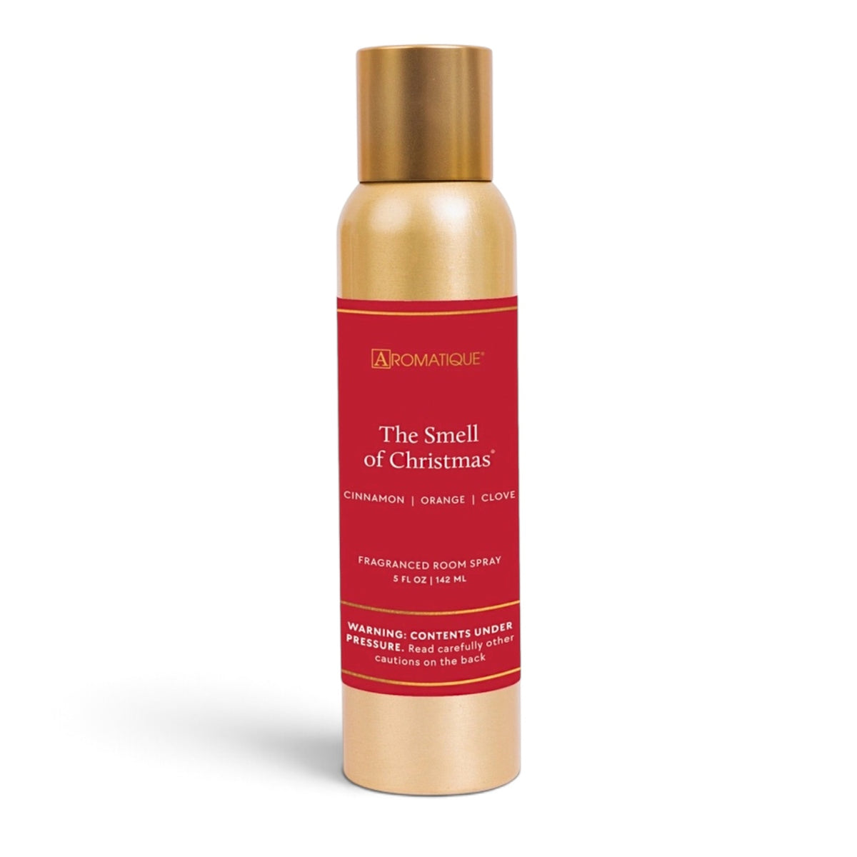 The Smell of Christmas aerosol room spray in a slim gold-tone can with a red Aromatique label and matching gold-tone cap