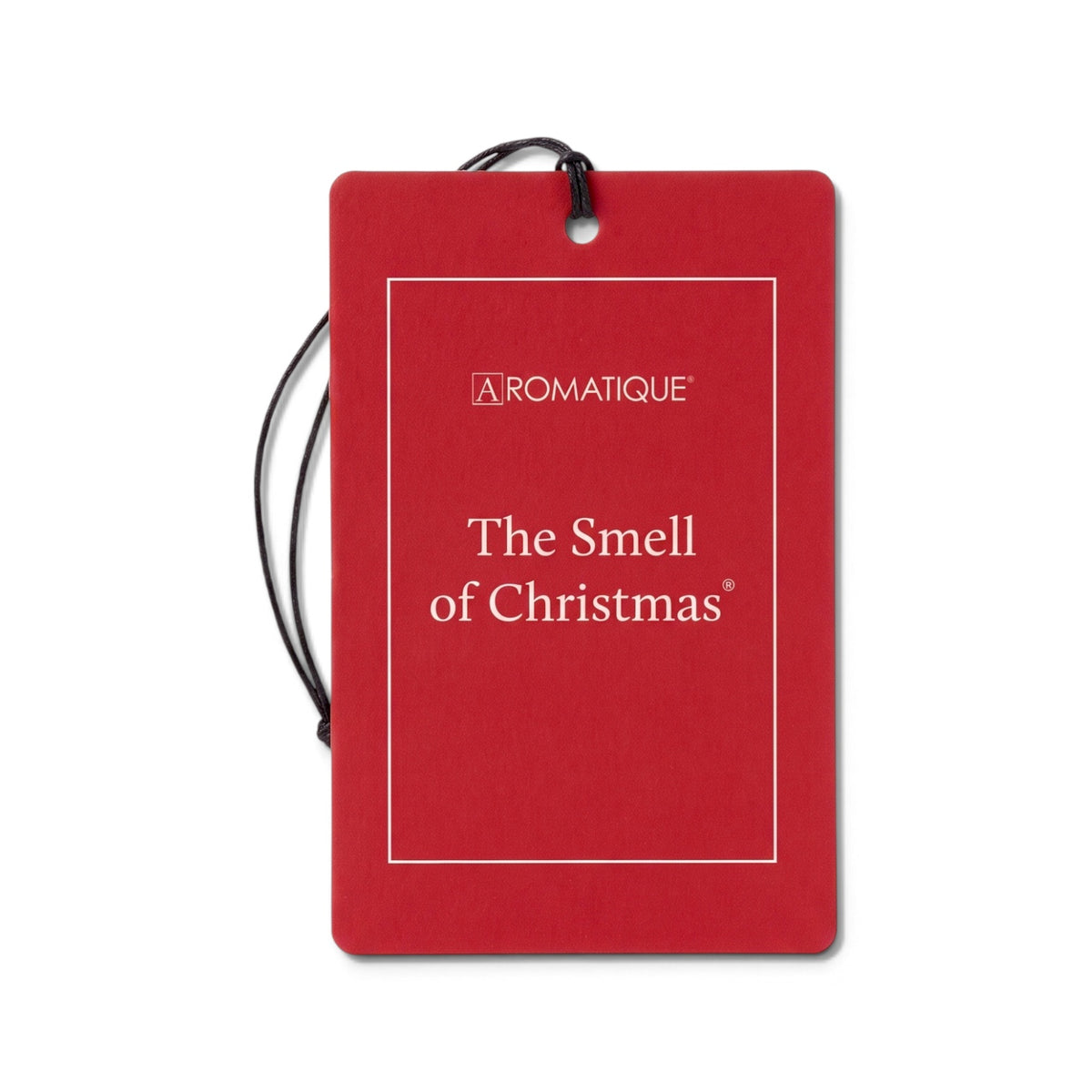 Red Aromatique The Smell of Christmas aroma card with cream lettering, a thin cream border, and a dark hanging cord