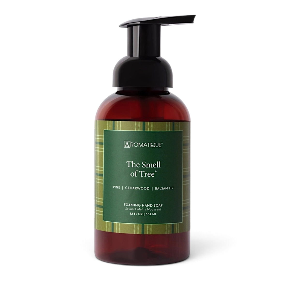 Aromatique The Smell of Tree foaming hand soap in an amber-brown bottle with a black pump and green plaid label, 12 fl oz