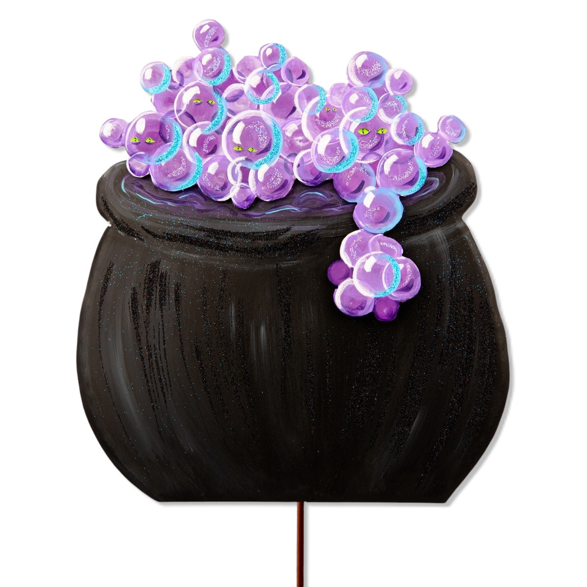 Tillie Cauldron metal Halloween decoration by The Round Top Collection with purple bubbling potion and stake, hang, or easel display