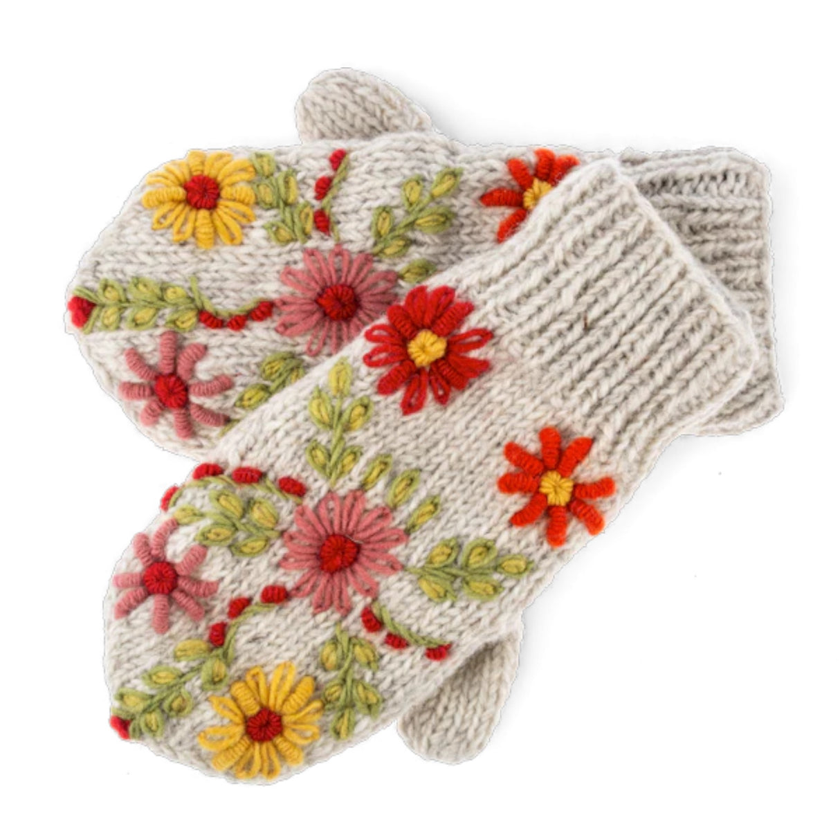 Knit Embroidered Floral Wool Mittens