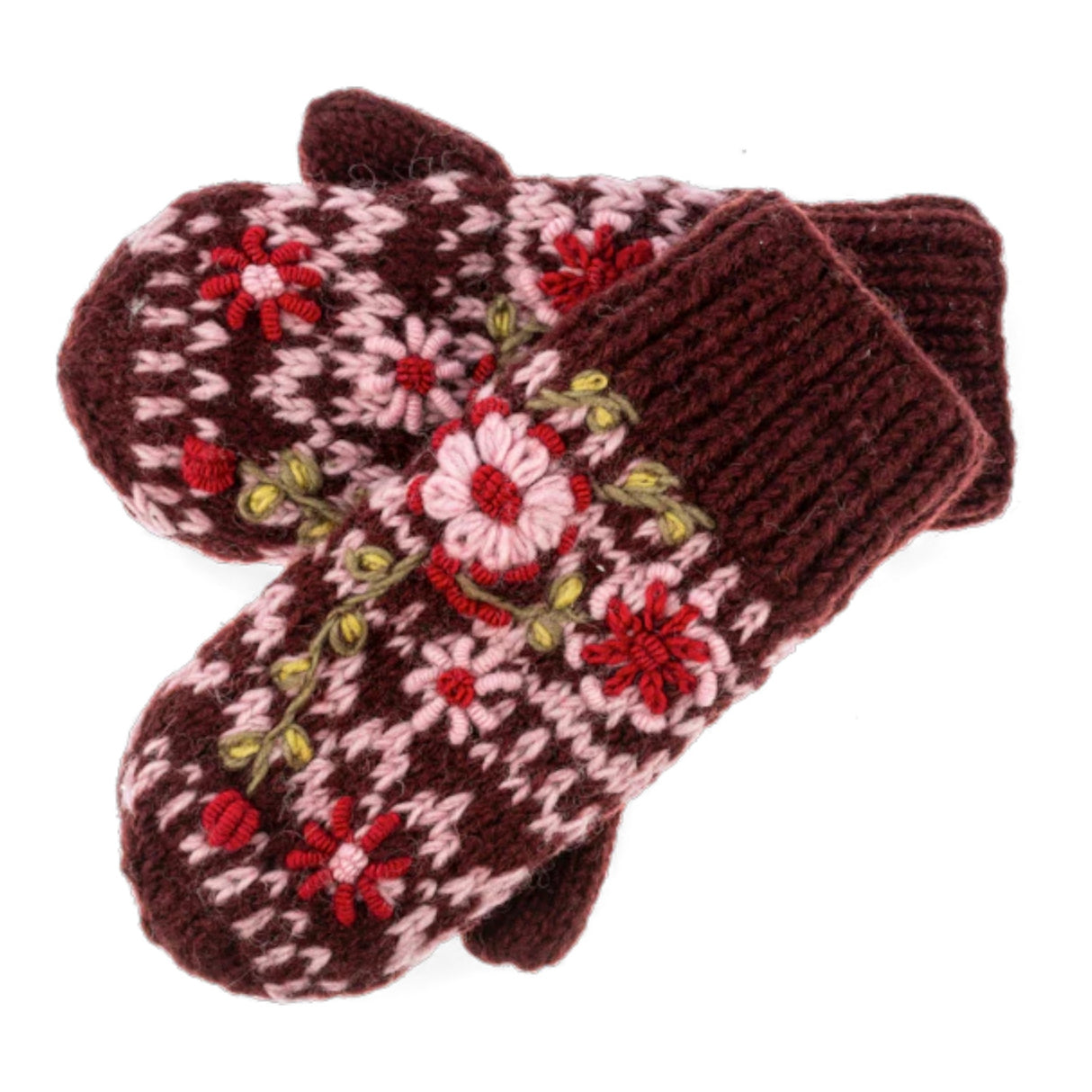 Knit Embroidered Floral Wool Mittens