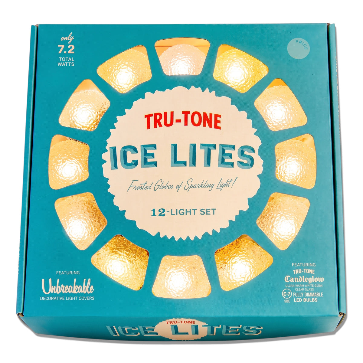 Tru-Tone Ice-Lites clear frosted snowball light strand with textured globe covers and a warm LED glow.