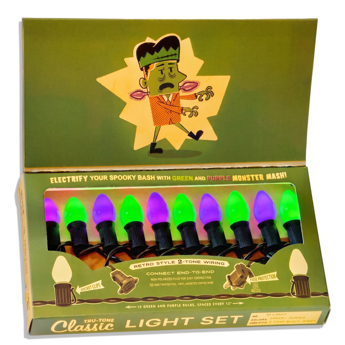 Tru-Tone Monster Mash Halloween light set with green and purple C7 LED bulbs in vintage display box