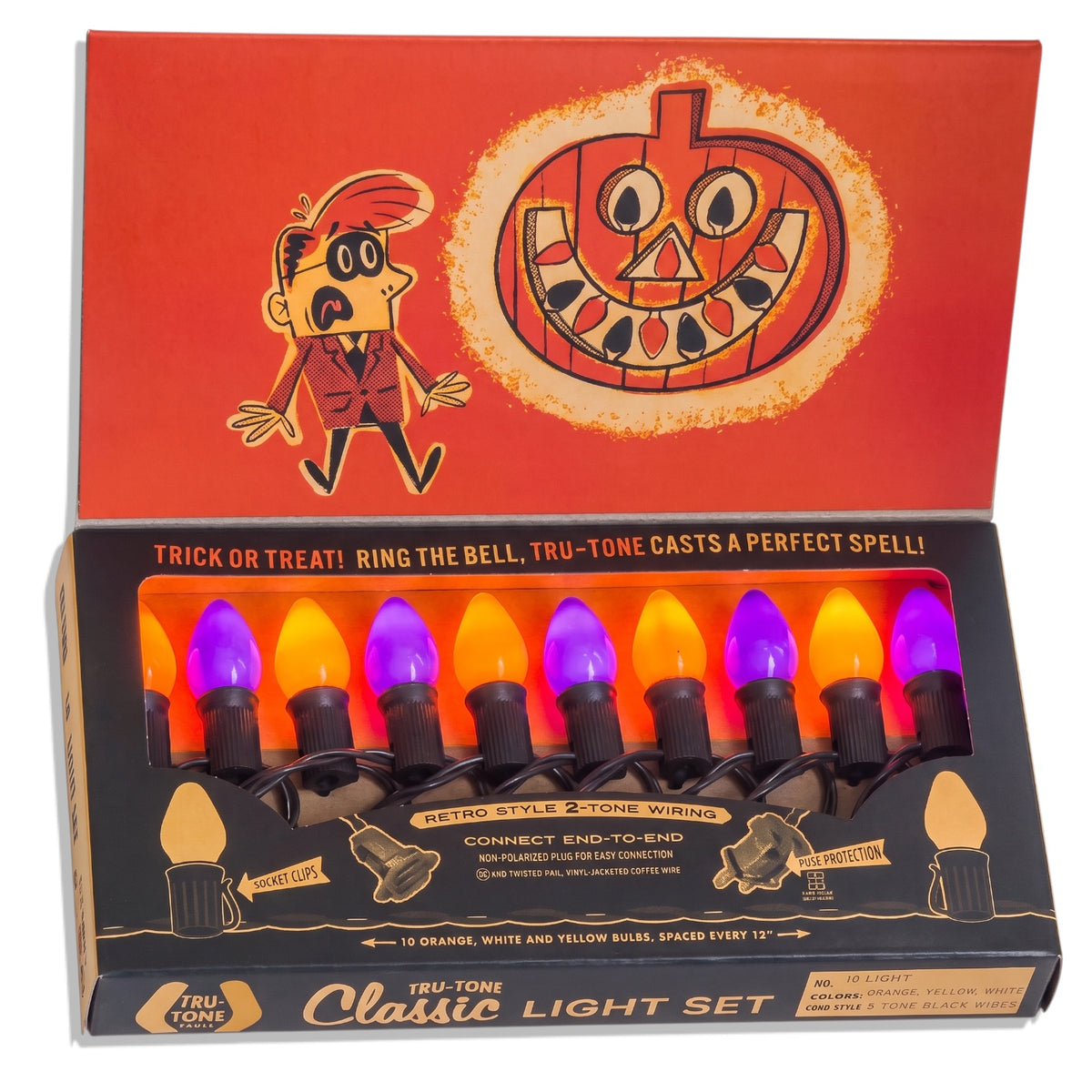 Tru-Tone Trick or Treat Halloween light set with orange and purple C7 LED bulbs in vintage display box