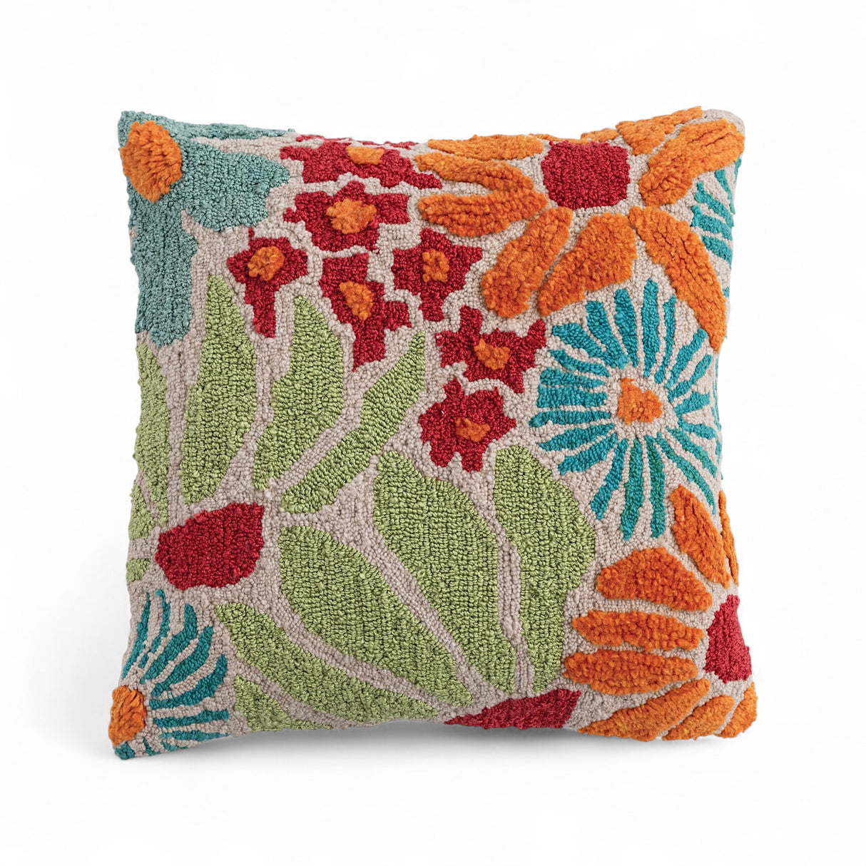 20" square tufted flower pillow in vibrant orange, red, teal, and green, suitable for indoor and outdoor use