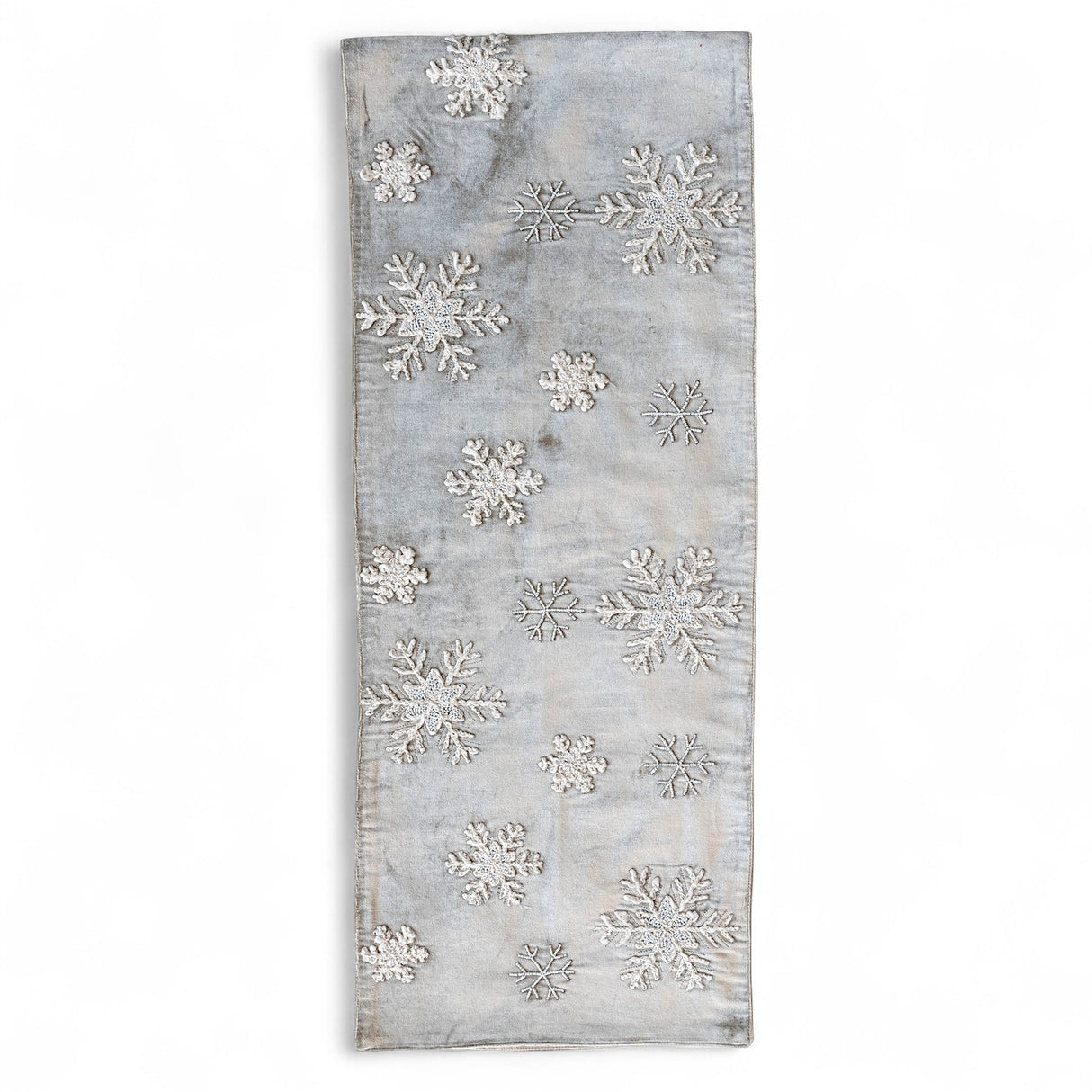 Taupe cotton blend velvet table runner with cream beaded embroidered snowflakes