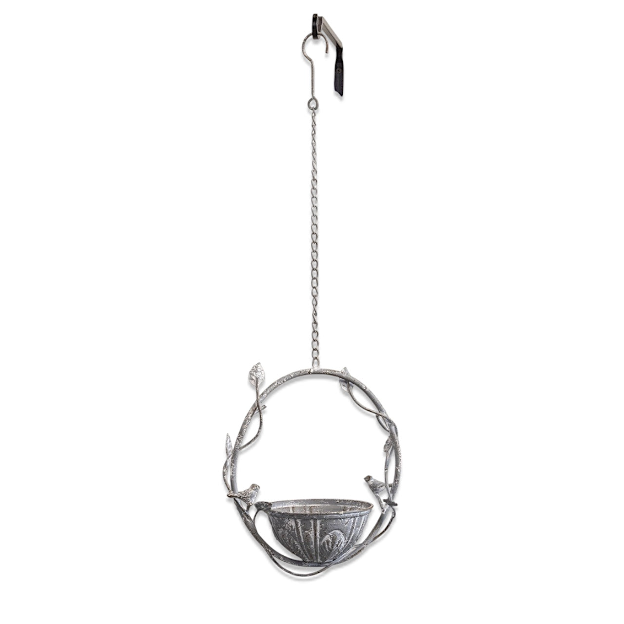 Hanging bird feeder with vine frame and perched birds