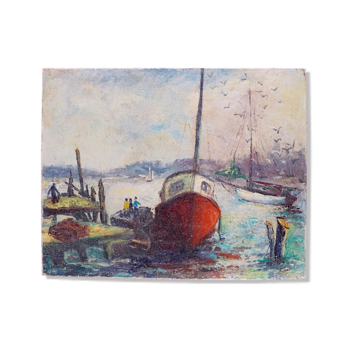 vintage boat canvas wall art coastal harbor painting distressed nautical wall decor