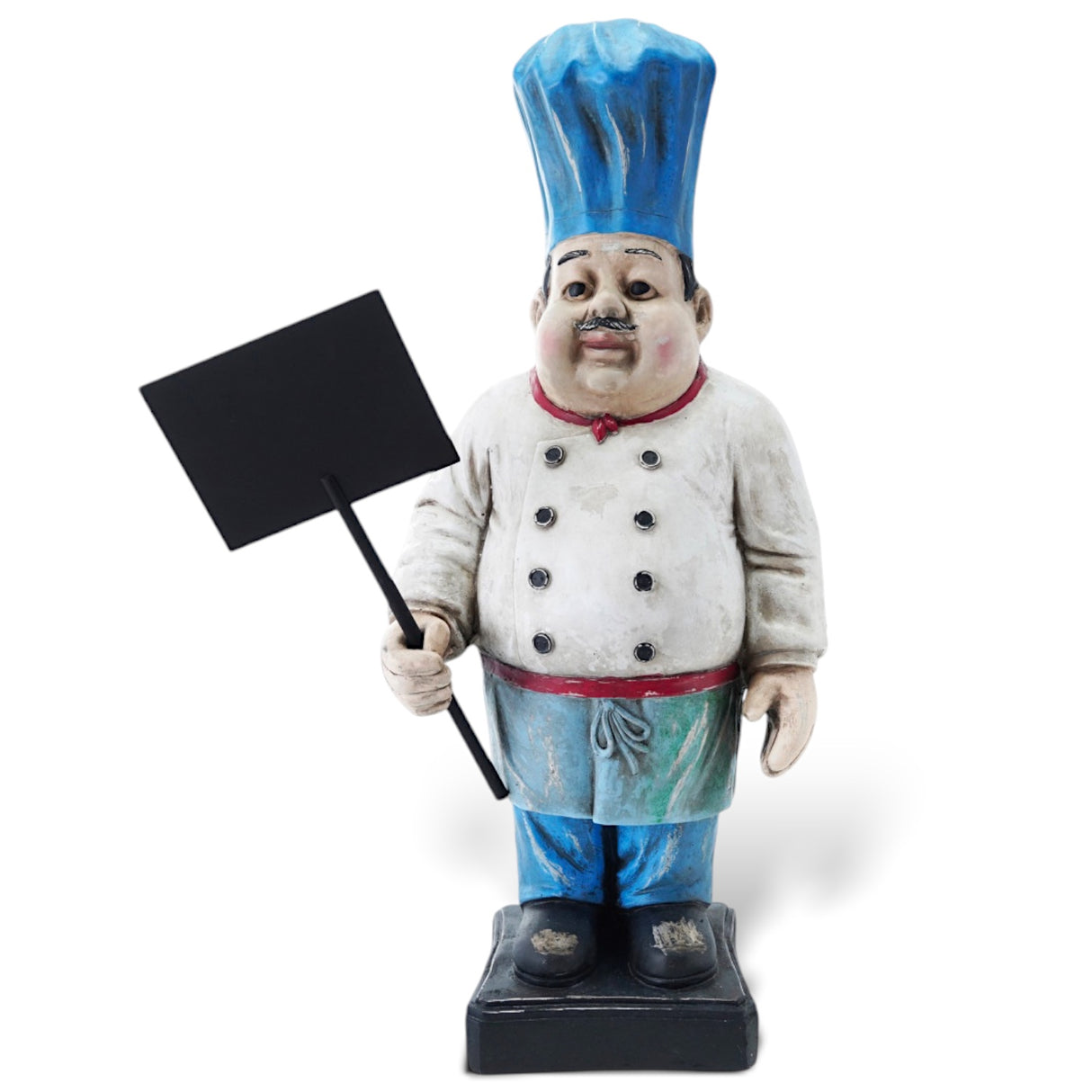 Magnesia vintage reproduction chef statue holding a chalkboard, perfect for kitchens or cafes.
