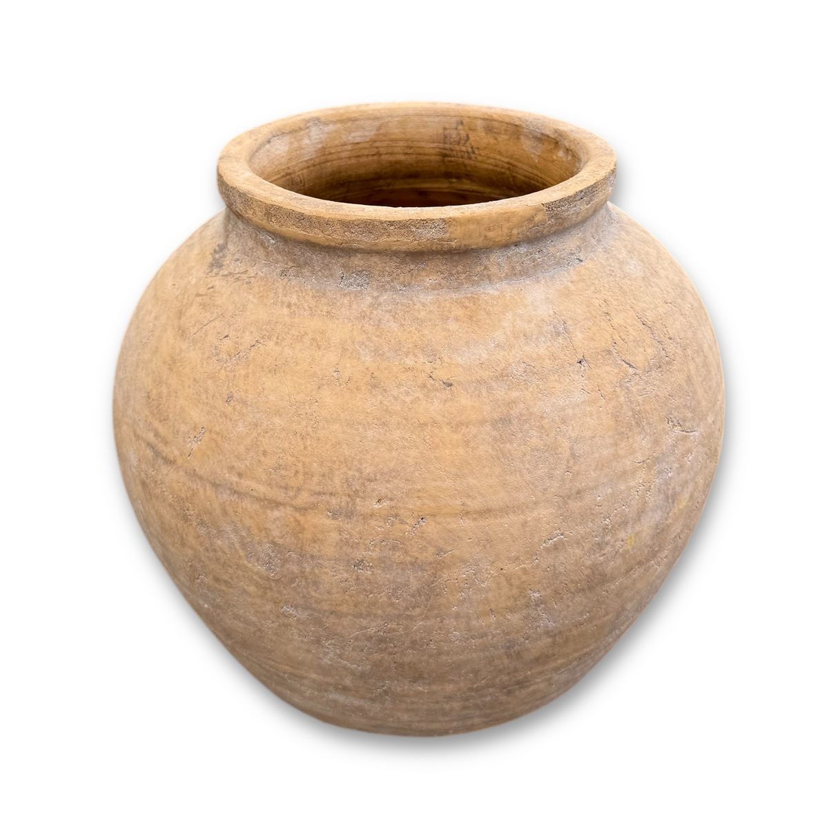 Round vintage-style clay terracotta planter with a weathered finish