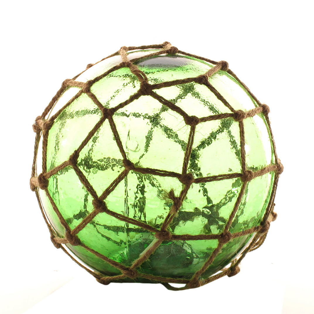 Vintage glass fishing buoy in assorted greens and aquas with rope netting, available in small and large sizes.