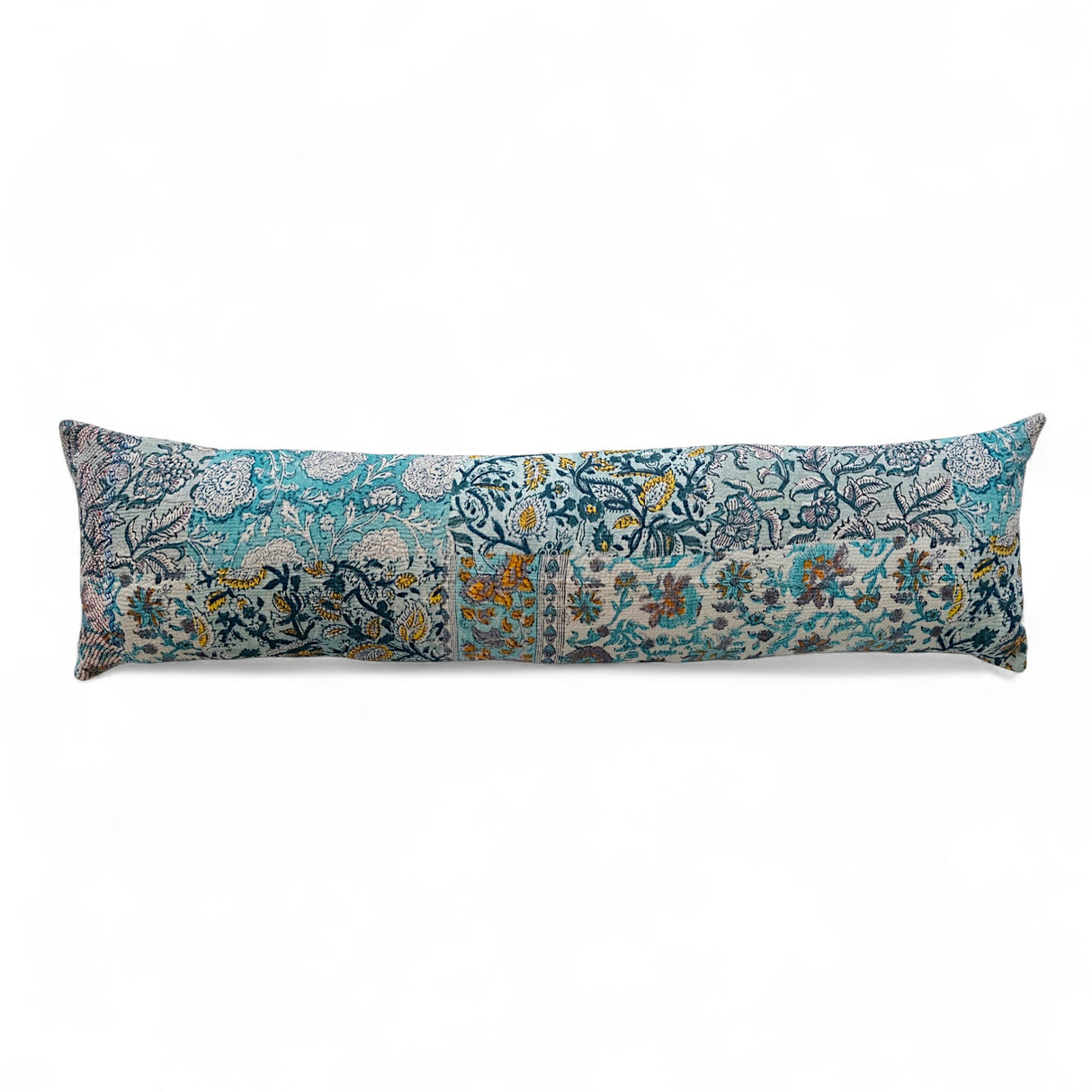 36" lumbar pillow made from vintage rali quilt fabric with hand-embroidered Kantha stitching in blue and yellow tones.