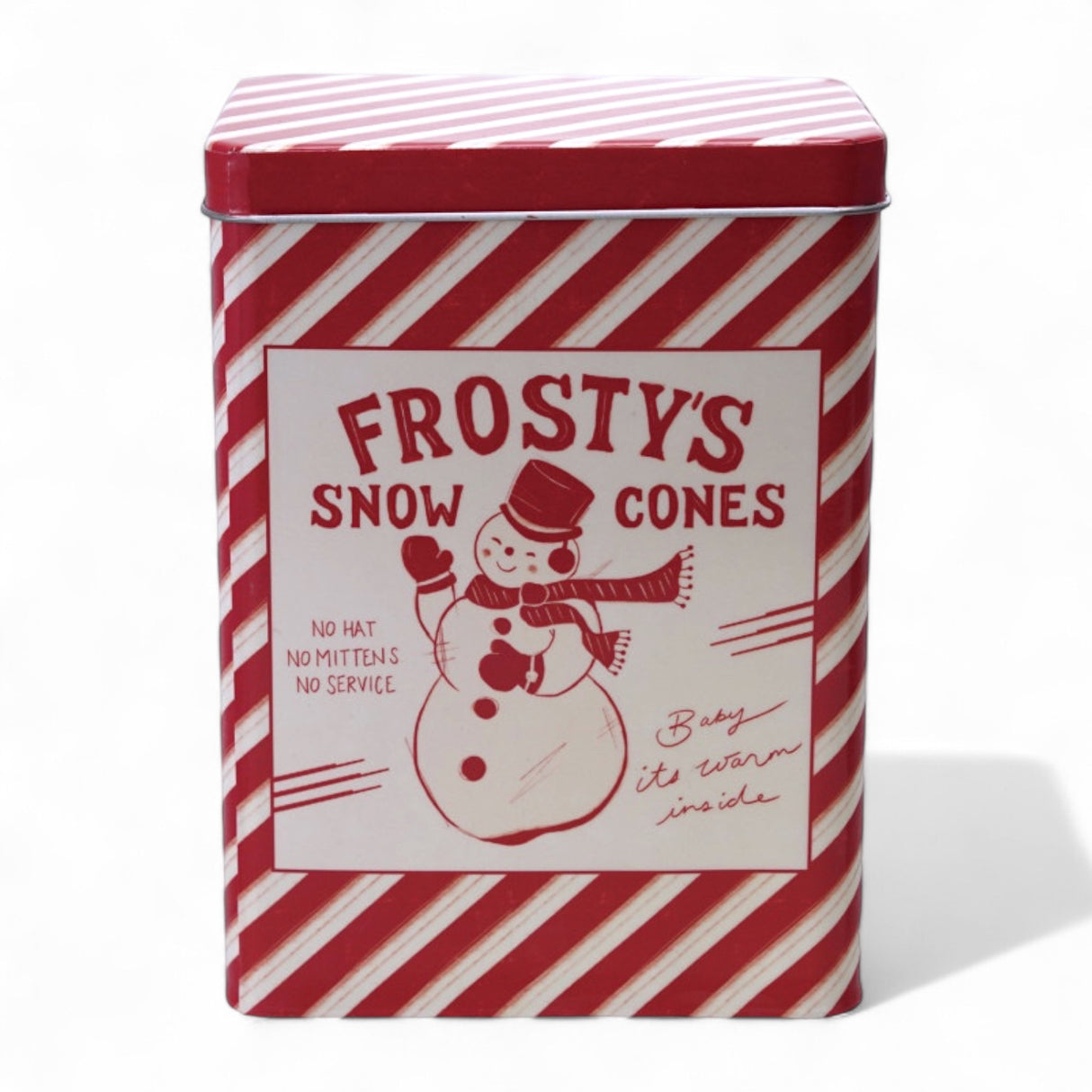 Red and white striped metal box with vintage snowman and Frosty’s Snow Cones design