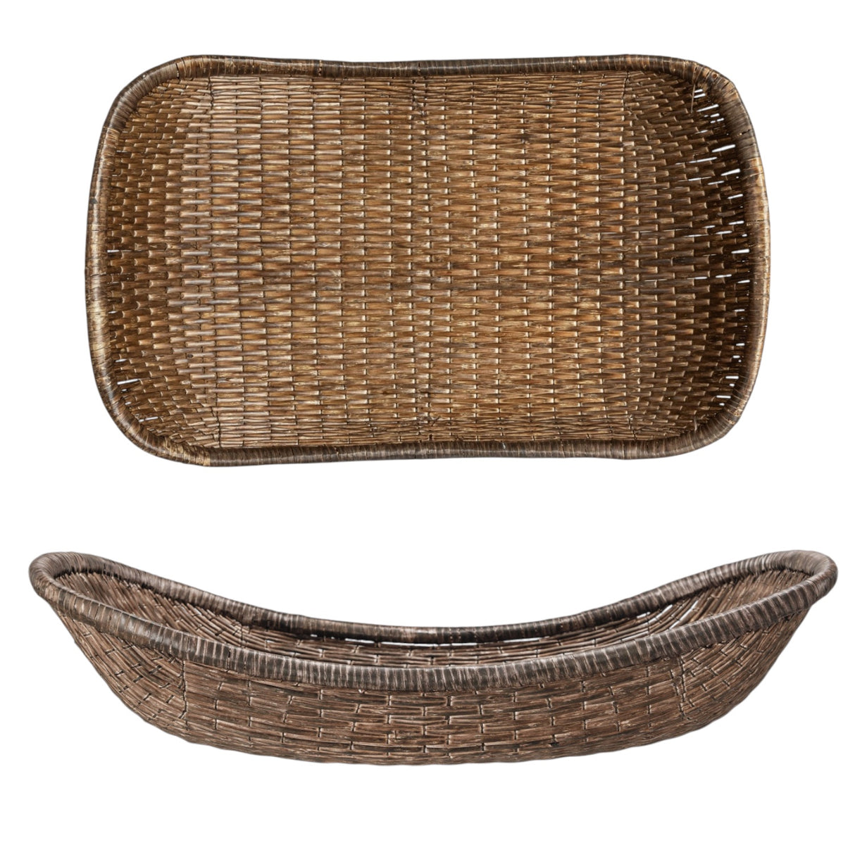 Decorative woven wicker tray basket with antique finish, 34 inches long, vintage reproduction style