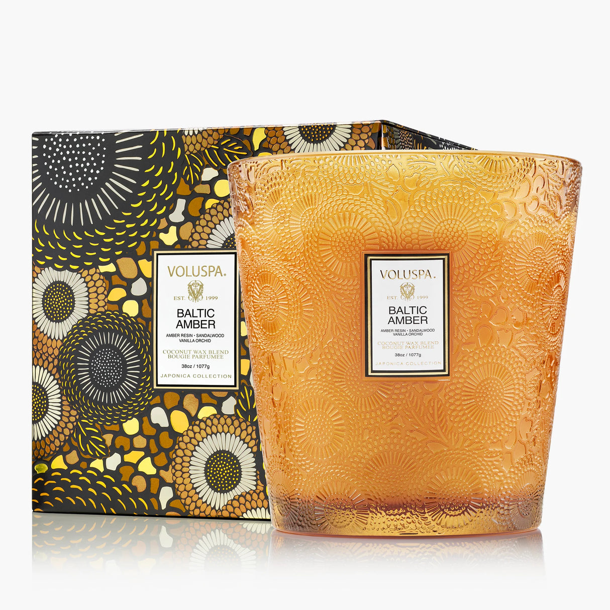 Voluspa Baltic Amber 38 oz 3 wick Hearth Candle in embossed amber glass vessel