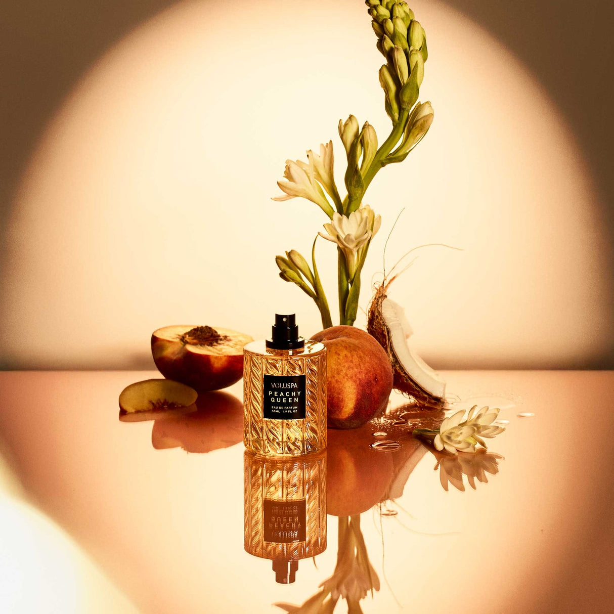 Peachy Queen fragrance notes with golden peach tuberose coconut water citrus musk and vanilla