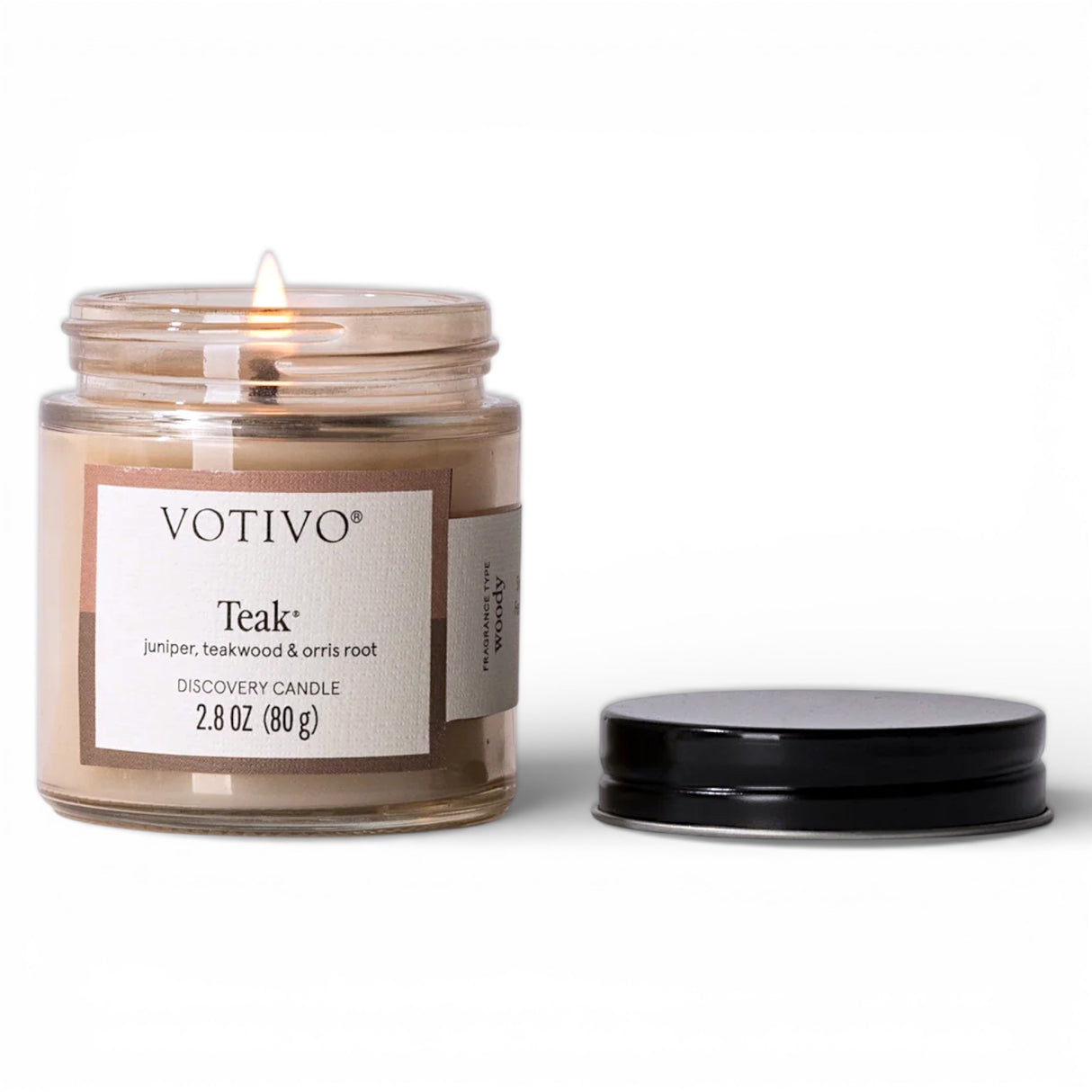 Votivo Teak Discovery Candle 2.8 oz woodsy amber musk soy blend candle
