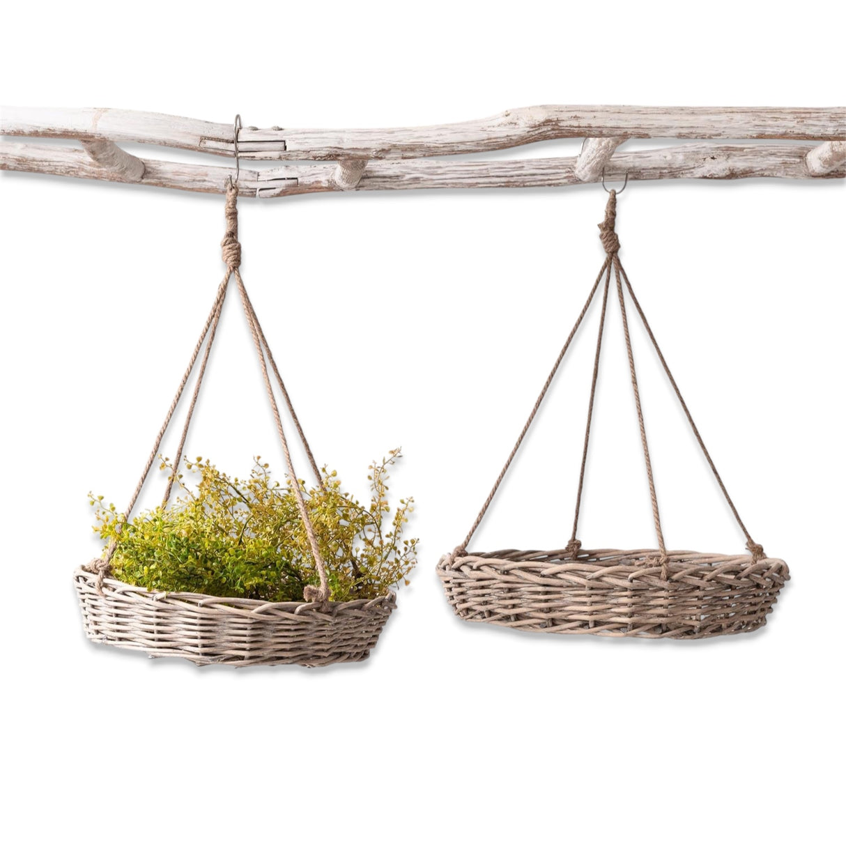 Weathered wicker hanging baskets with jute rope