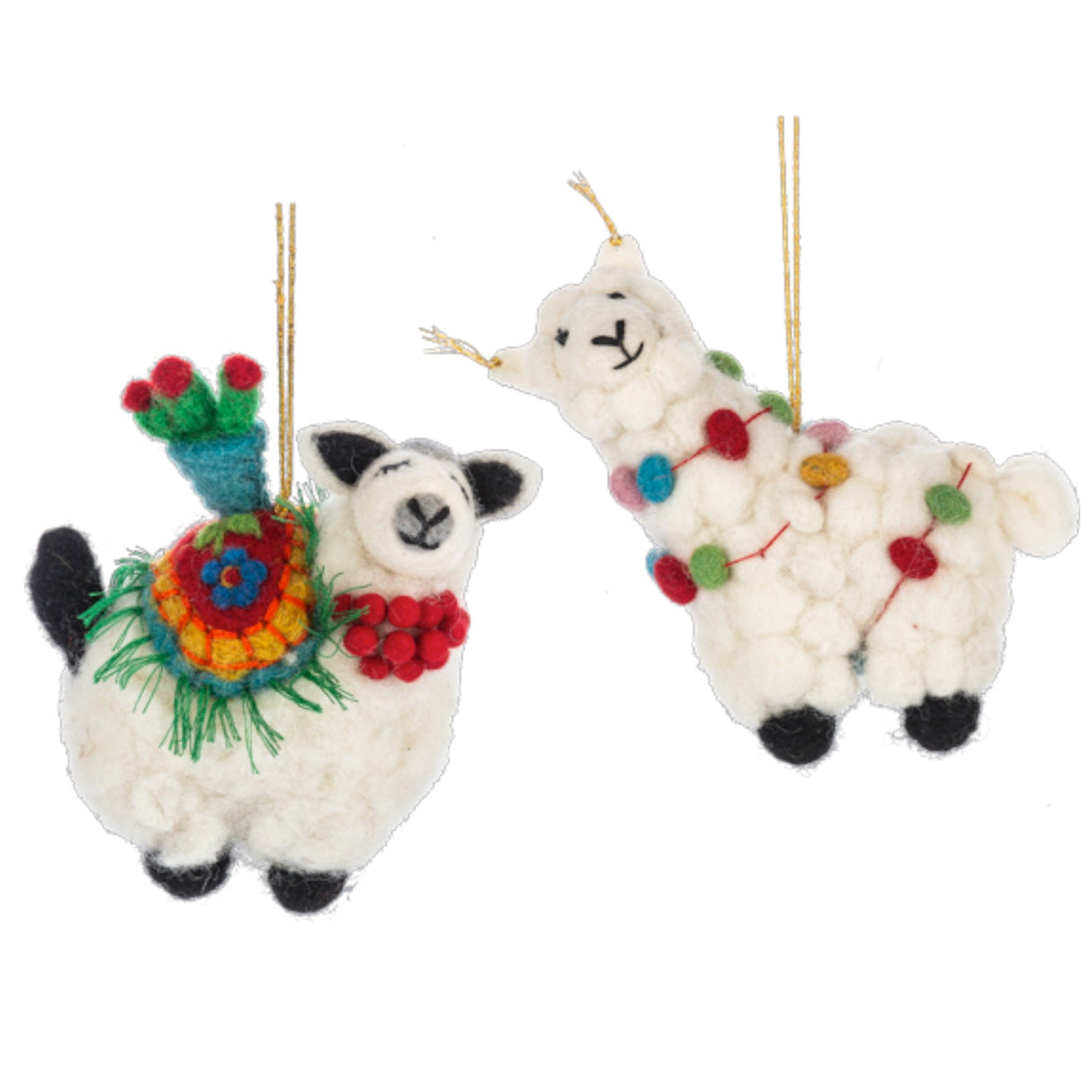 Two festive llama ornaments with colorful decorations on a white background