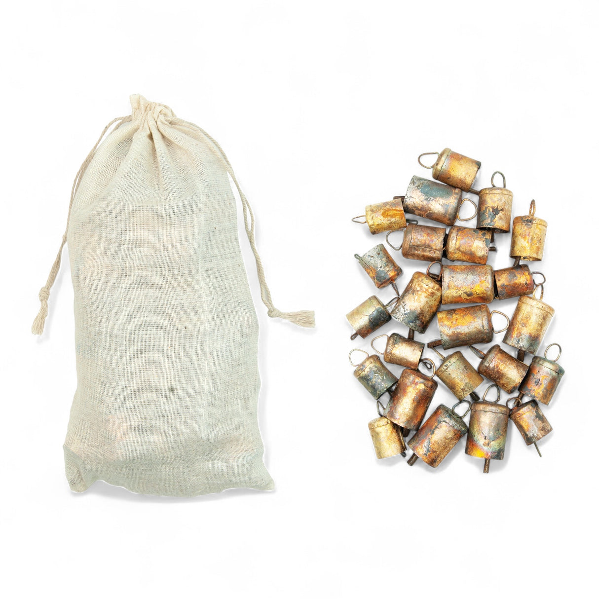 Distressed Gold Metal Bells in Muslin Bag | Set of 24