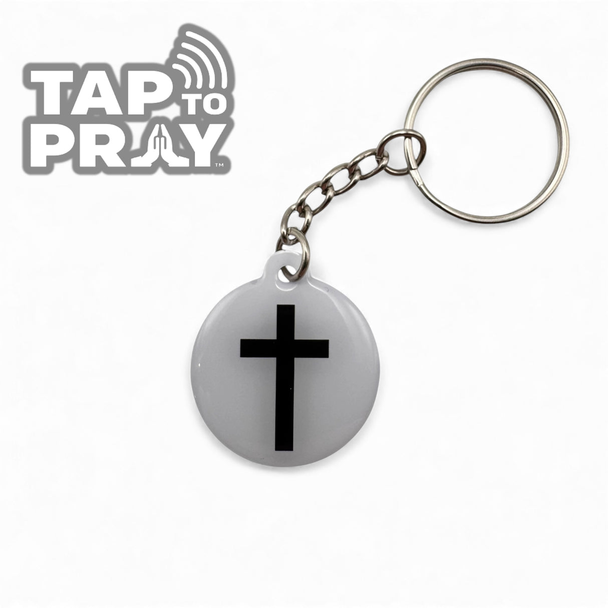 white and black cross tap to pray bible verse keychain