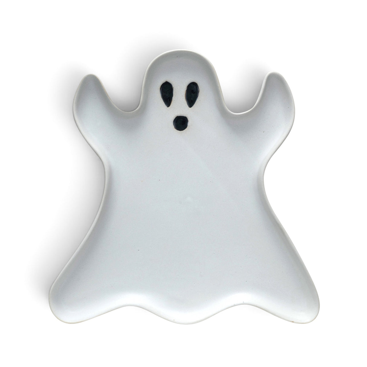Matte white ceramic ghost shaped Halloween plate with black face