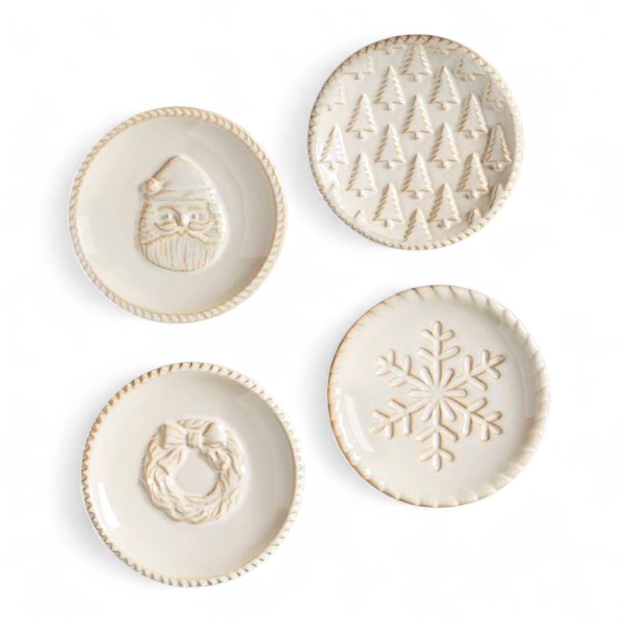 White Christmas tidbit plates in dolomite with Santa, tree, wreath, and snowflake designs, 4-inch appetizer plates