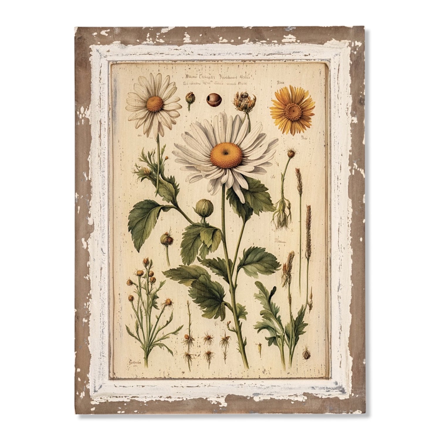 Vintage-inspired white daisy botanical print on a distressed wood frame